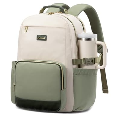 LOVEVOOK Laptop Backpack for Women with Pouch Pocket for Large Capacity Cup,15.6 Inch Laptop Computer Bag Travel Backpack Purse,Waterproof Work College Teacher Bags,White-Bean Green-Dark Olive Green