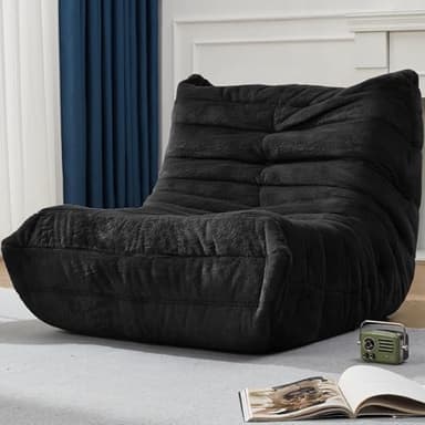 Bean Bag Chairs for Adults Giant Bean Bag Chair Memory Foam BeanBag Chair Bean Bag Sofa with Filler Faux Fur Fireside Beanbags Lazy Sofa for Living Room Bedroom Office (Black Plush, Single)