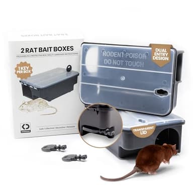 Professional Rat & Mouse Bait Station – 2 Lockable Weather-Resistant Rat Trap Boxes with Clear Lid & Dual Entry – Reusable Rodent Control (Bait Not Included)