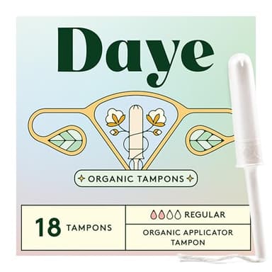 Daye Organic Tampons Regular | 18ct | Pesticide & Metal Tested, 100% Organic Cotton, Best Absorbency | No-Shed Sleeve, Sugarcane Applicator