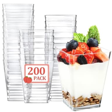 Eupako 200 Pack 5 OZ Plastic Mini Dessert Cups - Clear Small Parfait Cups, Square Appetizer Cups for Fruit, Pudding, Mousse, Ice Cream, Party, Wedding, Valentine's Day
