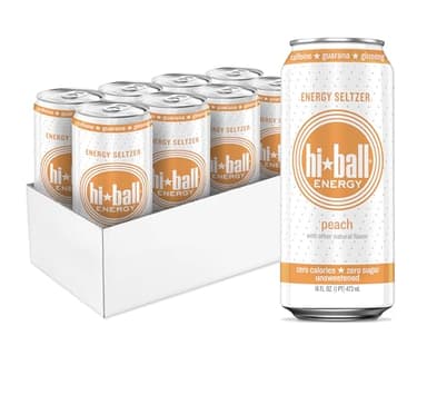 Hiball Clean Energy Seltzer Water, Caffeinated Sparkling Water Made with Vitamin B12 and Vitamin B6, Sugar Free (8 pack of 16 Fl Oz), Peach