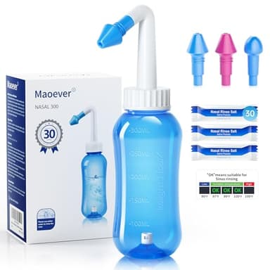 MAOEVER Neti Pot Sinus Rinse Bottle Nose Wash Cleaner Pressure Rinse Nasal Irrigation for Adult & Kid BPA Free 300 ML with 30 Nasal Wash Salt Packets and Sticker Thermometer(Blue)
