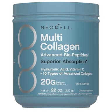 NeoCell Multi Collagen Bio-Peptides Powder | 22oz | Advanced with Hyaluronic Acid and Vitamin C | 10 Super Types of Collagen | Superior Absorption | Grassfed Protein Supplement