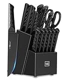 HUNTER.DUAL Knife Sets for Kitchen with Block, 15 Piece Knife Set with Built-in Sharpener, Dishwasher Safe, German Stainless Steel, Black