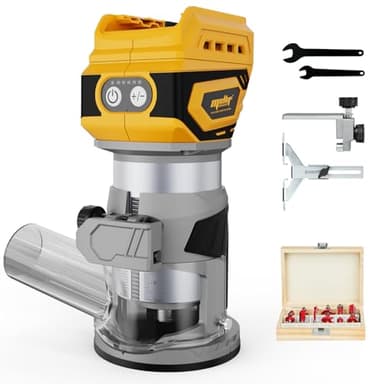Cordless Brushless Compact Router,Compatible with Dewalt 20V Battery(Bare Tool),Palm Router with 5 Speed,28000RPM 600W w/Fixed Base, 12PCS 1/4" Router Bits for Woodworking, Edge Trimming, Grooving
