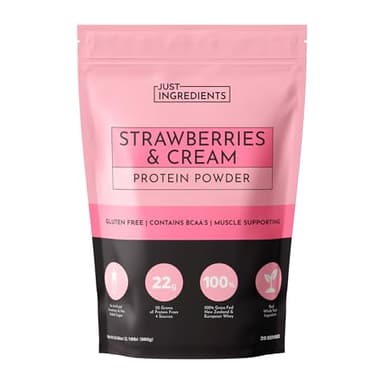 JUST INGREDIENTS Strawberries & Cream Protein Powder – 20-Serving Blend with 100% Grass-Fed Whey & Organic Plant Proteins – Real Strawberry Flavor – Supports Muscle Recovery, Energy*