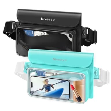 Niveaya IPX8 Waterproof Fanny Pack - 2 Pack, Floating Dry Bag Pouch, Phone Waterproof Waist Pouch Dry Bag, Beach, Kayaking, Swimming, Boat Essentials, for iPhone 17/16/15/14/13/12 Pro Max up to 9.5"