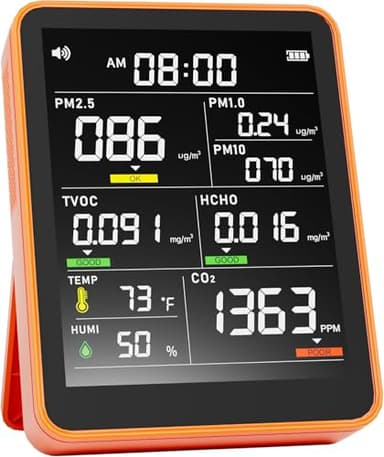 Air Quality Monitor Indoor,13-in-1 Smart Air Quality Tester with PM 2.5, CO2, TVOC, HCHO, PM1, AQI, PM10, Temperature & Humidity, Real Time Display, Battery Powered, for Home & Office (Persimmon)