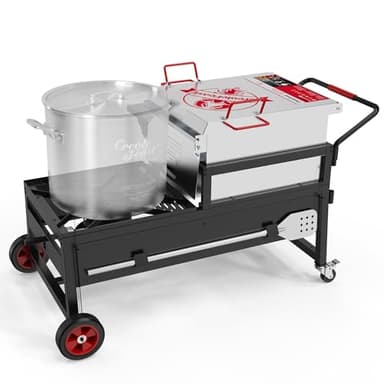 Creole Feast CFT2018-N1 90 Qt Crawfish Boiler and Cooker Combo, 2-Burner Single Sack Propane Gas Seafood Cooker with Stainless Steel Stirring Paddle for Outdoor Backyard Boiling, Silver & Black