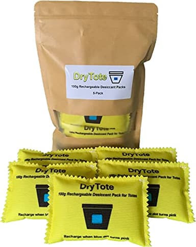 DryTote Rechargeable Desiccant Pack (Pack of 5), Ultimate Moisture Absorption, Color Change Indicator, Safe Storage Protection, Large Capacity 200 Gallons, 100g, Yellow