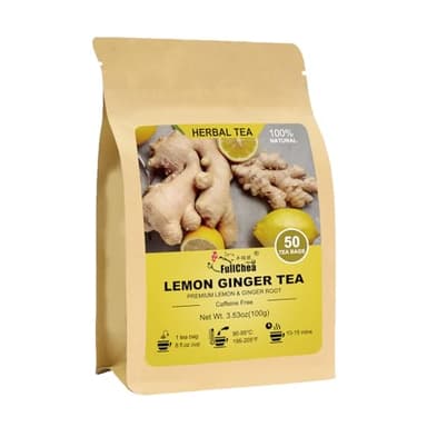 FullChea - Lemon Ginger Tea Bags, 50 Teabags - Pleasantly Spicy & Warming - Non-GMO - Caffeine-free - Support Healthy Digestion & Boost Immunity
