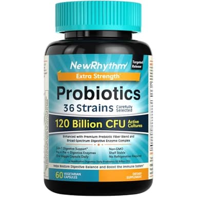 NewRhythm Probiotics 120 Billion CFU 36 Strains, 3-in-1 Probiotics for Digestive Health & Immune Support with Prebiotics & Enzymes, Probioticos for Women & Men, Targeted Release, 60 Veggie Caps