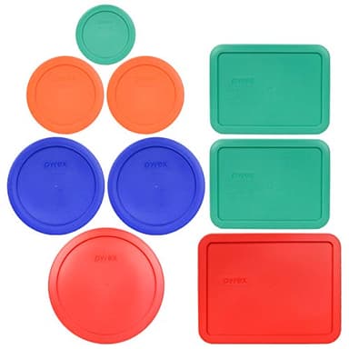 Pyrex (1) 7202-PC 1-Cup Green, (2) 7200-PC 2-Cup Orange, (2) 7201-PC 4-Cup Cadet Blue, (1) 7402-PC 6/7-Cup Red, (2) 7210-PC 3-Cup Light Green, (1) 7211-PC 6-Cup Red Lids - Made in USA