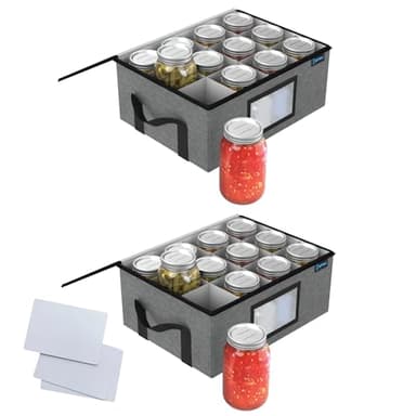 2Pk 32 oz Quart Mason Jar Organizer, Sturdy Pantry Canning Jar Storage Containers, Holds 12 Quart Size Ball Mason Jars, Foldable Canning Organizer, Stackable Home Storage Box w/Lid & Label holder