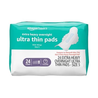 Amazon Basics Ultra Thin Pads with Flexi-Wings for Periods, Extra Heavy Overnight Absorbency, Unscented, Size 5, 24 Count, 1 Pack (Previously Solimo)