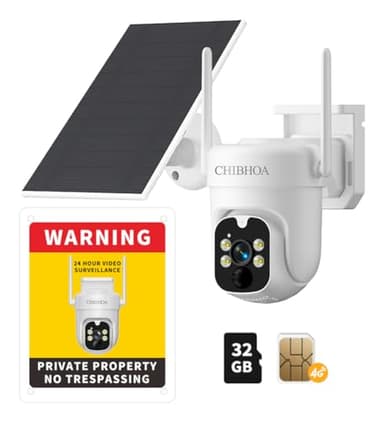 CHIBHOA 4G LTE Solar Security Camera - No WiFi Cellular Outdoor Camera with 2K Color Night Vision, PIR Motion Detection, 2-Way Audio, Siren Alarm, 360° Live View, SIM Card & 32GB SD Card Included
