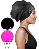 2 Pack Extra Large Swim Cap for Braids and Dreadlocks, Silicone Swimming Caps for Long Hair, Weaves, Extensions, Curls & Afros, Waterproof Adult Swim Hats Bathing Caps for Women Men(Black+Rose Red)