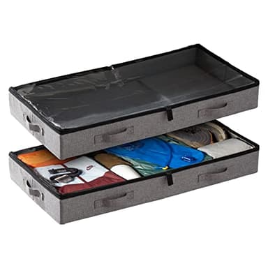 storageLAB Under Bed Storage Containers, Low Profile Underbed Organizers with Sturdy Handles, Dual Zippers, and Clear Windows, Ideal for Clothes, Pillows, and Blankets - 2 Pack, Low Profile, Gray