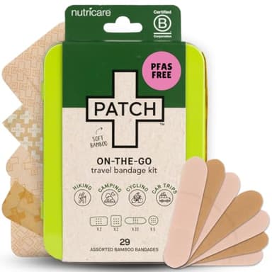 PATCH On-The-Go Natural Bamboo Adhesive Bandage Travel Kit for Sensitive Skin, Eco-Friendly Hypoallergenic Bandages, 29 ct