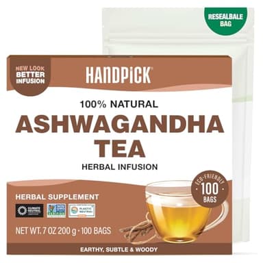 HANDPICK, Ashwagandha Root Tea (100 tea Bags) | Caffeine Free, Gluten Free | Packed in Ecofriendly Tea Bags