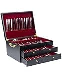Silverware Storage Box,3 Layers Wooden Silverware Chest Case with Drawer,15.35" x 11.41" Flatware and Utensil Organizer for Kitchen(Flatware Not Included) (Black)