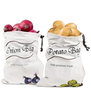 2Pcs Potato and Onion Storage Bags – Reusable Cotton Produce Bags with Black Lining and Side Zipper, Washable, Breathable & Light-Blocking Design for Storing Potatoes, Onions, Garlic & Root Vegetables