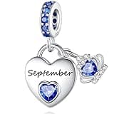 925 Sterling Silver Birthstone Charms for Charms Bracelet: Heart Dangle Charms for Pandora Bracelets and Necklaces, March Birthstone Jewelry For Women (September)