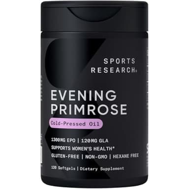 Sports Research Evening Primrose Supplement from Cold Pressed Oil - Softgels for Women’s Health & Skin Health - Gluten Free & Non-GMO GLA - High Potency 1300mg, 120 Count
