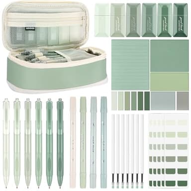 Janlaugh 38 Pcs Aesthetic College School Supplies with Pen Case Sticky Notes Gel Pens Highlighters Correction Tapes Back to School Stationery Kit(Green Color,Classic)