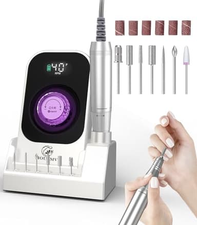 Portable Nail Drill Electric File: 40000RPM Professional Rechargeable Nail E-File Machine, Cordless Nail Drill with Bits & Base for Acrylic Nails Remove Nail Gel Polish Manicure for Salon Home, White