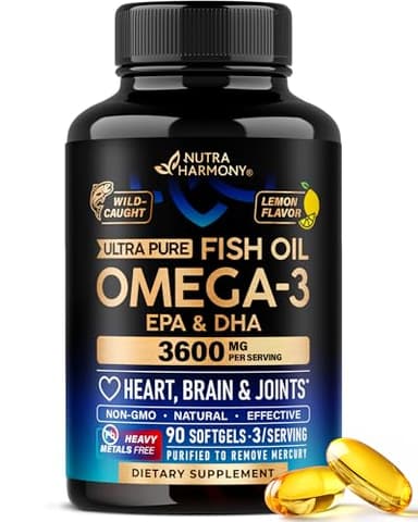 Omega 3 Fish Oil 3600 mg - Omega 3 Supplement | EPA & DHA - Heavy Metals Free - Heart, Brain & Joint Support - Purified Fish Oil for Men & Women - Lemon Flavored - Made in USA, 90 Softgels