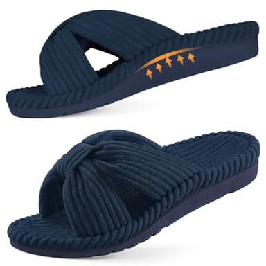 Litfun Orthopedic Arch Support Slippers for Women Comfortable Open Toe Indoor House Slippers Corduroy Cross Bow Bedroom Shoes for Plantar Fasciitis, Navy 37