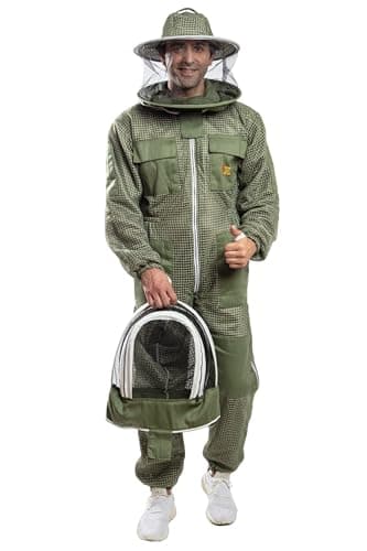Massive Bee Store -- Beekeeping Ventilated Suit in multi-Colors with Round Or Fencing Veils (Olive Green Suit With Two Veils, Large)