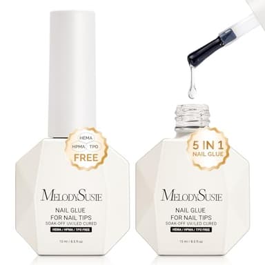 MelodySusie 3Free 5 in 1 Nail Glue Gel for False Nail Tips, NO Hema HPMA TPO, Super Sticky and Strong Adhesion, Rhinestone, Blooming Gel, Base Coat, UV Lamp Curing Needed,2 Pcs 15ml