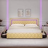 King Size Bed Frame with Storage Drawers and LED Lights, Faux Leather Upholstered Platform Bed with Diamond Tufted Headboard, Wooden Slats Support, No Box Spring Needed, Easy Assembly, Ginger Yellow