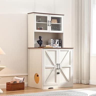 Forest Gravity 71'' Dog-Proof Large Cat Litter Box Enclosure with Super Convenient Litter Collector,for Placing self-Cleaning Litter Box,Litter Cabinet with Outlet and LED,Space for cat stuffs,White