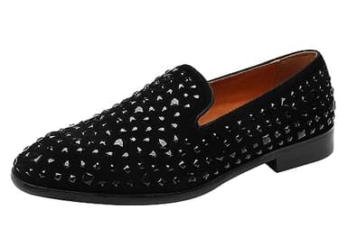 ELANROMAN Loafers Men Black Dress Fashion Tuxedo Rhinestones Slip-on Moccasins Wedding Shoes US 10