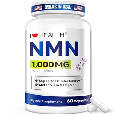 NMN 1000mg Supplement Per Serving,99.9% Pure Nicotinamide Mononucleotide,NAD+ Support Cellular Energy & Healthy Aging for Men & Women,60 Capsules(30-Day Supply),Third-Party Tested,cGMP