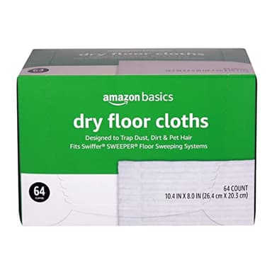 Amazon Basics Dry Sweeping Cloths for Floor Cleaning, Pet Hair, Dust, Dirt, Multi-Surface, Disposable, Fits Swiffer Sweeper Mop Heads, 64 Count