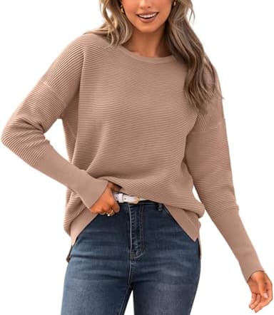 BTFBM Casual Women 2026 Fall Sweater Long Sleeve Ribbed Knit Pullover Loose Crewneck Batwing Split Sweater(Camel,Medium)