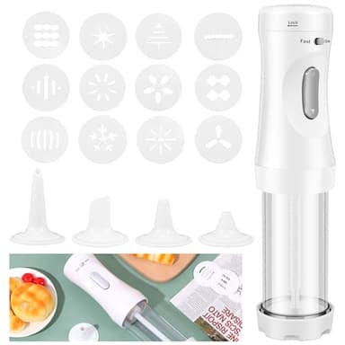 Abizarch Electric Cookie Press Gun，DIY Cookies Maker Set with 12 Cookie Discs and 4 Icing Nozzles, Electric Cookie Press Decorating Kit for Baking Biscuit Maker