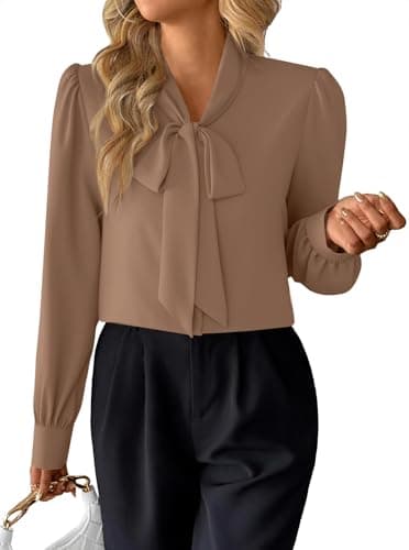 Avanova Women Bow Tie Neck Long Sleeve Blouses Tops Dressy Casual Elegant Work Shirts Khaki Large