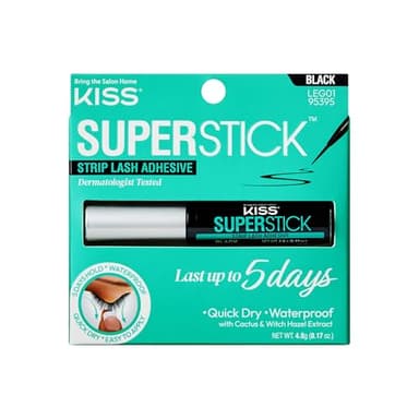 KISS SuperStick 5-Day Extended Wear Strip Lash Adhesive, Quick Drying Lash Glue, Witch Hazel & Cactus Extract Infused, Brush Applicator, Net Wt. 4.8g (0.17 oz.), Black