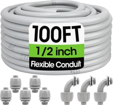 100FT Liquid-Tight Conduit and Connector Kit, 1/2 Flexible Non Metallic Electrical Conduit with 5 Straight and 3 Angle Fittings, PVC Conduit