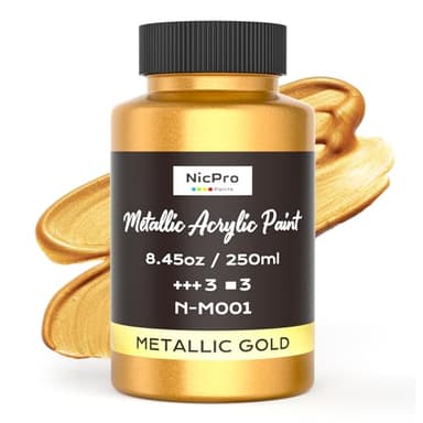 Nicpro Metallic Gold Acrylic Paint, 8.45oz/250ml Large Gold Leaf Paint, Non Toxic, Non Fading Craft Paints for Metal, Wood, Clay, Fabric, Canvas, Furniture, Handcrafts, Art Supplies