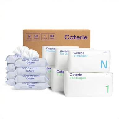 Coterie Baby Wipes + Diapers Kit, Size 1 (99 Count) & Size Newborn Diapers (93 Count), 8 Pack (448) Baby Wipes with 99% Water, Plant Based Materials, Hypoallergenic for Sensitive Skin
