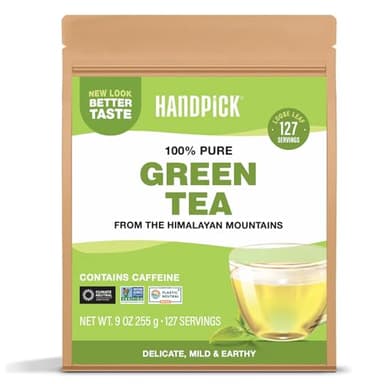HANDPICK, Green Tea Loose Leaf (255g/9oz) 127 Cups | Non-GMO, 100% Pure Green Tea Leaves Sourced from Himalayas, India | Resealable Ziplock Pouch