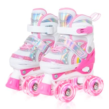 Girls Roller Skates for Little Kids Toddler Ages 5-8 4 5 6 7, 4 Size Adjustable Rainbow Unicorn Quad Skates with All Light Up Wheels - Best Birthday Gift for Outdoor Sports