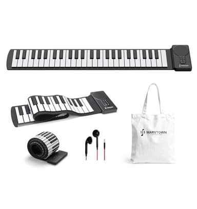 MARVTOWN 49Key Roll Up Digital Piano Keyboard, Portable Electronic Piano with speaker, 8 Tones, 6 Demo Songs, Rechargeable Flexible Electric Piano keyboard for Beginners and Practice（Black&White）